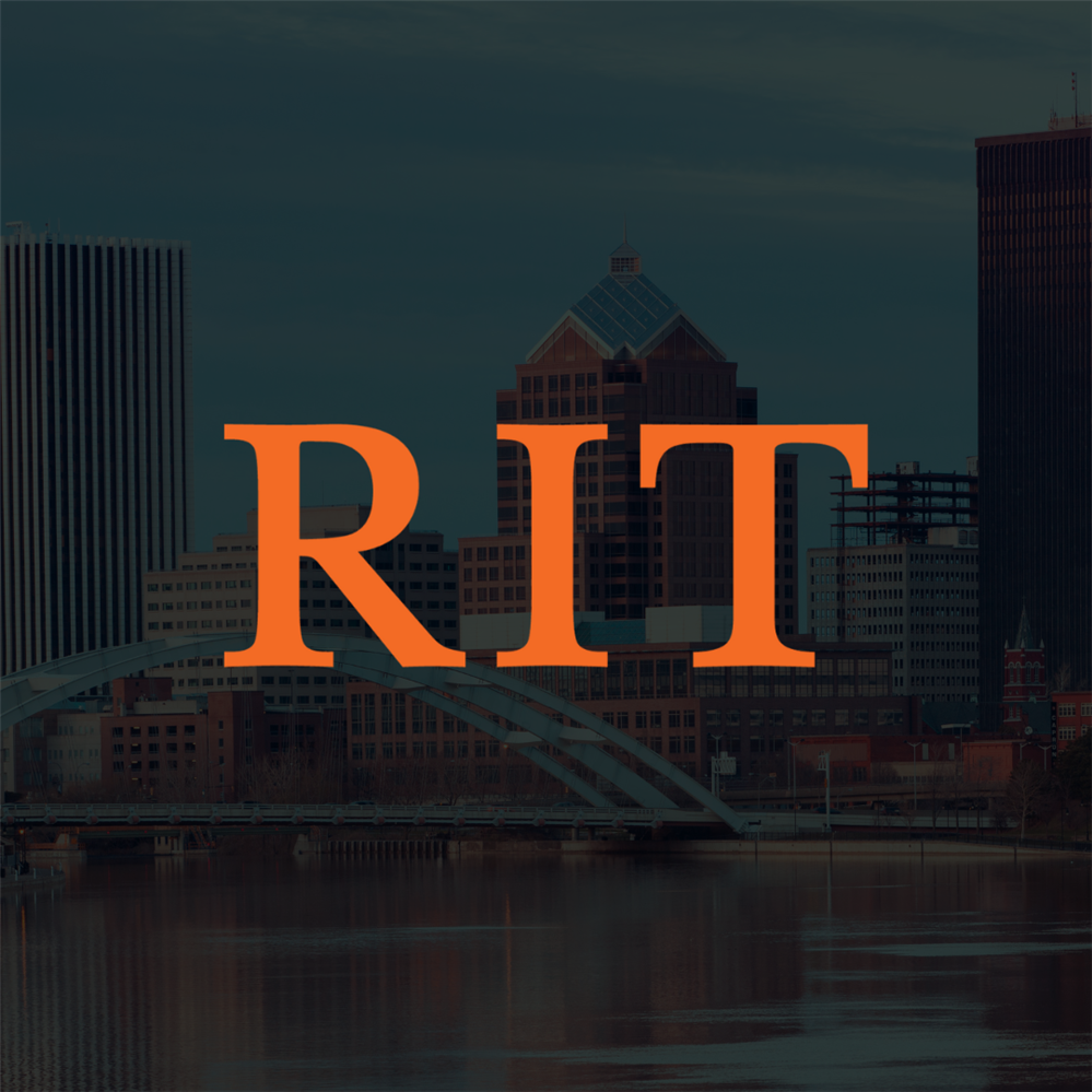  Rochester city skyline with the RIT logo on top.